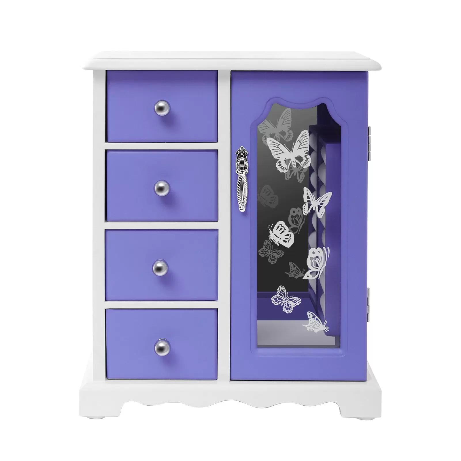 Jewelry Box - Made from solid wood with 4 drawer organizer and built-in necklace carousel and large purple mirror