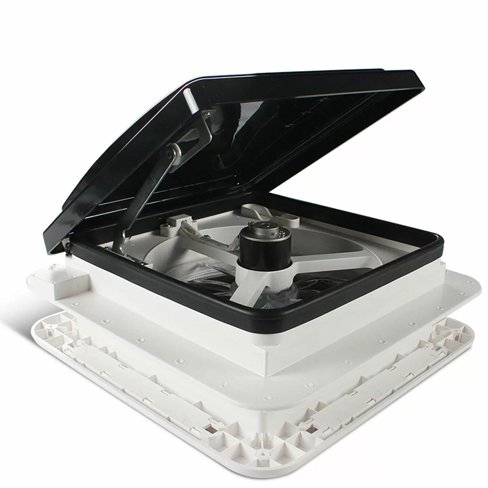 28*28 cm Motorhome Hatch Roof Vent Fan Roof Hood Ventilation Exhaust Roof Hatch with LED Light White Lid Lnner for Garnish Ring