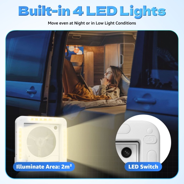 28*28 cm Motorhome Hatch Roof Vent Fan Roof Hood Ventilation Exhaust Roof Hatch with LED Light White Lid Lnner for Garnish Ring