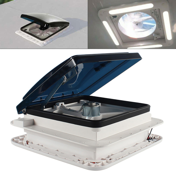 28*28 cm Motorhome Hatch Roof Vent Fan Roof Hood Ventilation Exhaust Roof Hatch with LED Light White Lid Lnner for Garnish Ring