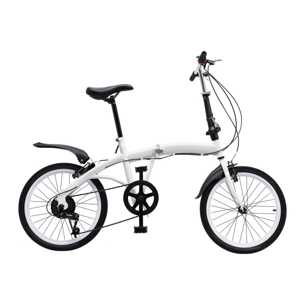 20" Carbon Steel Folding Bike - Small Unisex Folding Bike - 6 Speeds - Front V Brake and Rear Brake - City Bike for Adults - White