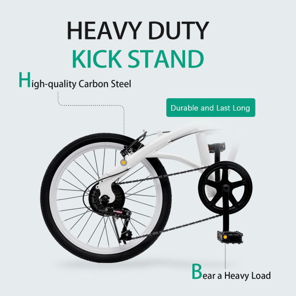 20" Carbon Steel Folding Bike - Small Unisex Folding Bike - 6 Speeds - Front V Brake and Rear Brake - City Bike for Adults - White