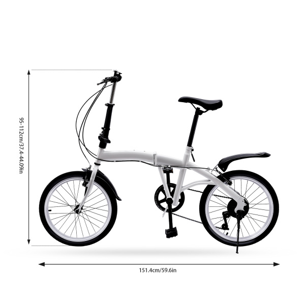 20" Carbon Steel Folding Bike - Small Unisex Folding Bike - 6 Speeds - Front V Brake and Rear Brake - City Bike for Adults - White