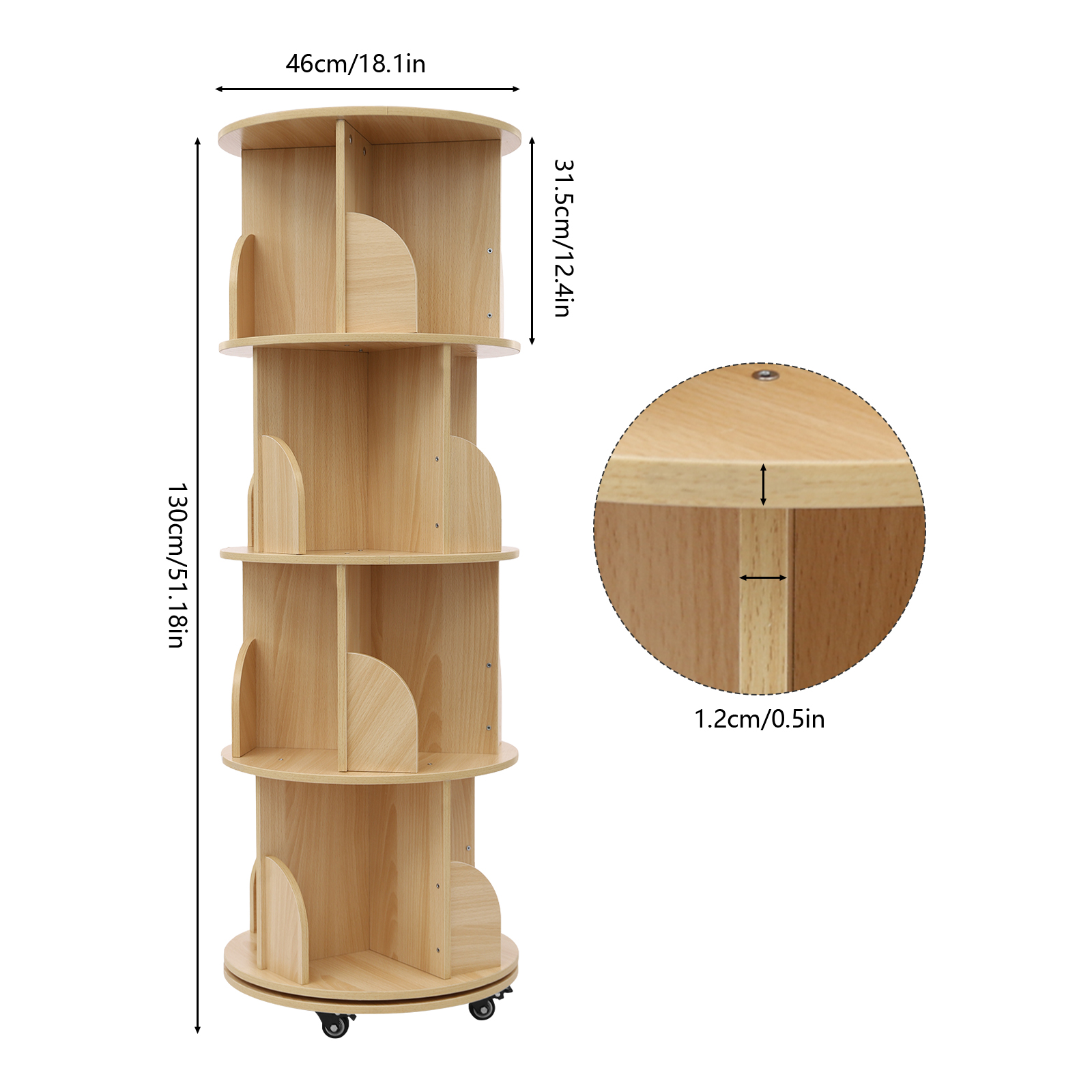 4-layer wooden round bottom revolving bookshelf with wheels