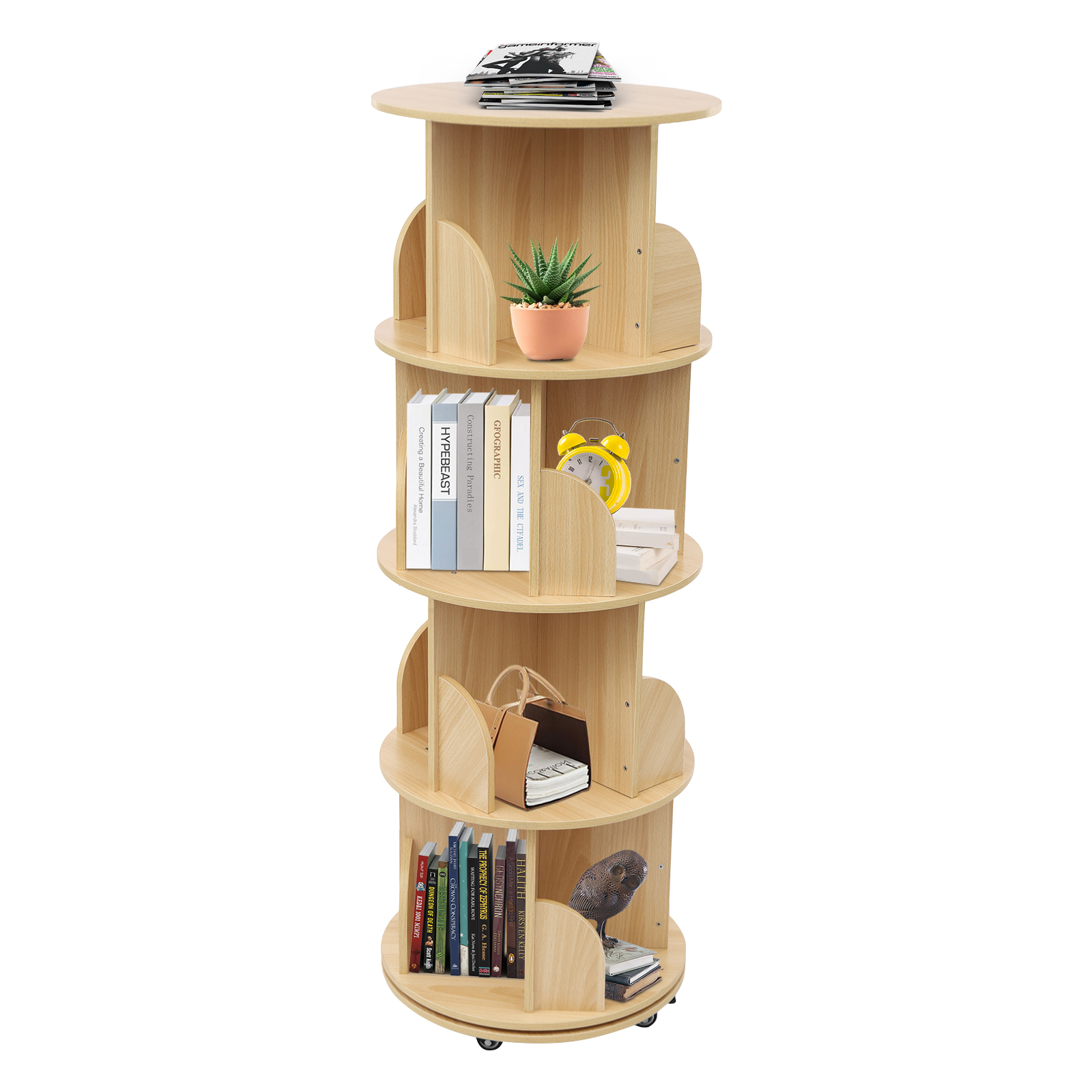 4-layer wooden round bottom revolving bookshelf with wheels