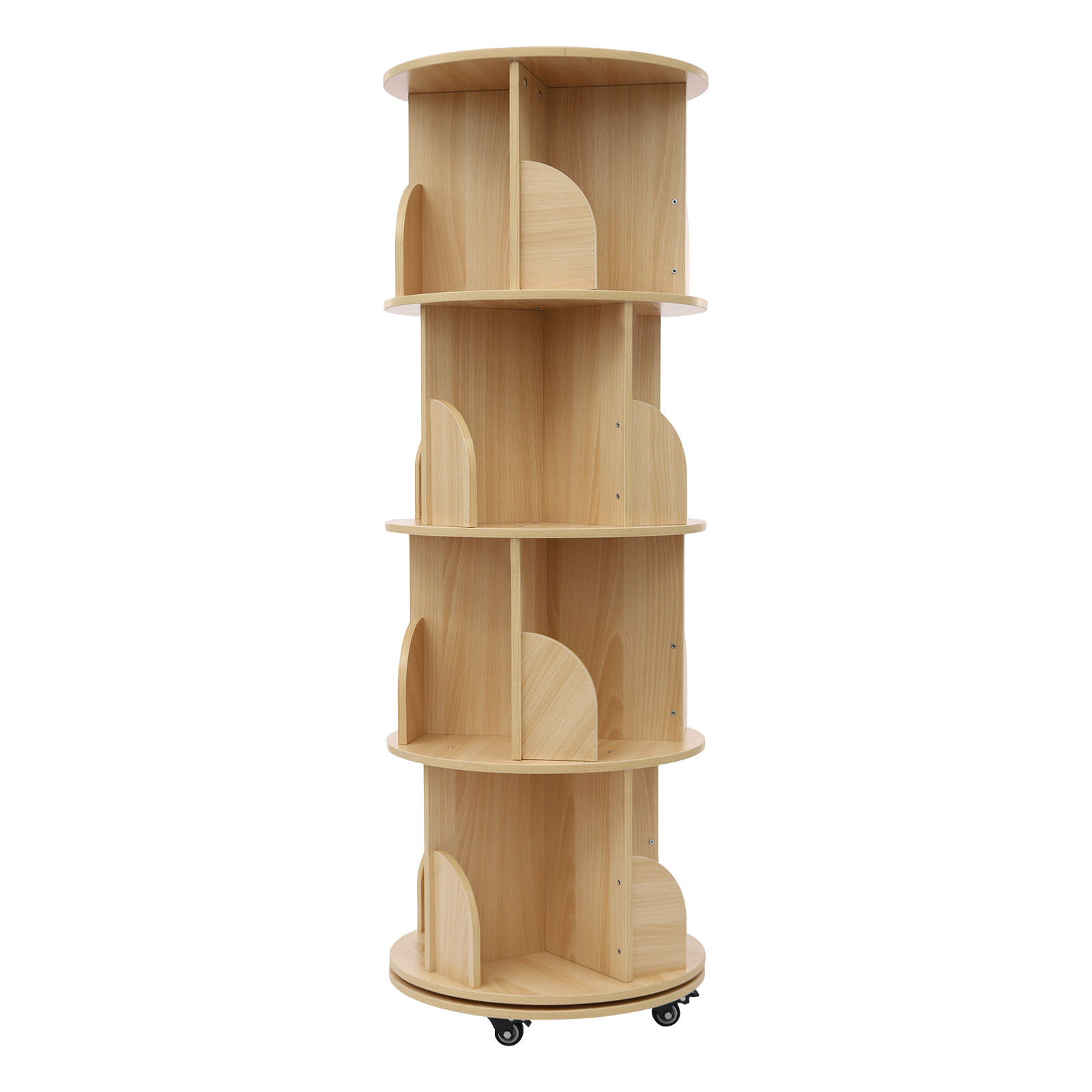 4-layer wooden round bottom revolving bookshelf with wheels