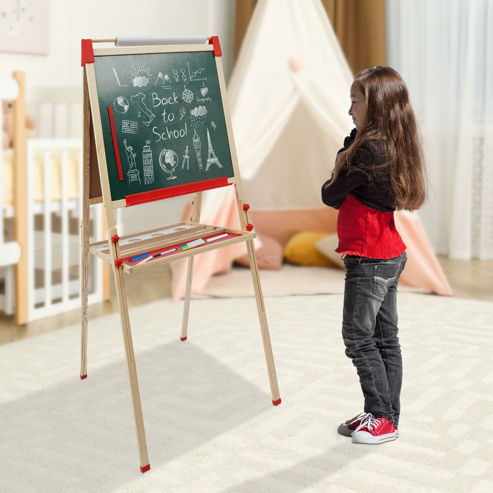Double-sided Whiteboard And Blackboard Children's Board With Numbers And Other Accessories Height-adjustable Easel For Children Double-sided Whiteboard And Blackboard Children's Board With Numbers And Other Accessories Height-adjustable Easel For Children