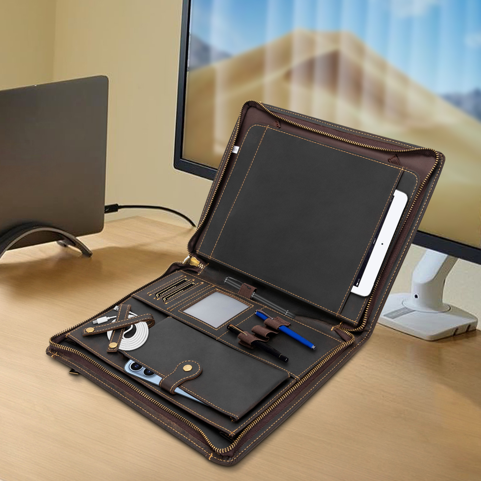 Leather Padfolio Folder Business Resume Portfolio Organizer Case with tablet Platform Professional Leather Folio with Zipper Leather Padfolio Folder Business Resume Portfolio Organizer Case with tablet Platform Professional Leather Folio with Zipper