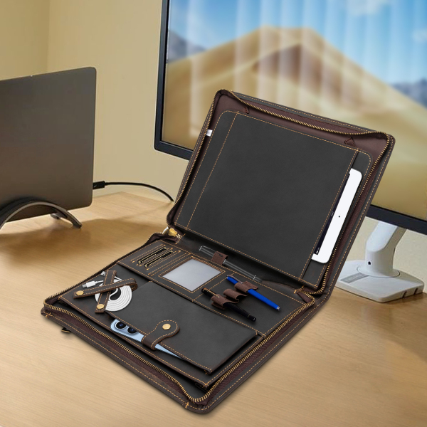Leather Padfolio Folder Business Resume Portfolio Organizer Case with tablet Platform Professional Leather Folio with Zipper