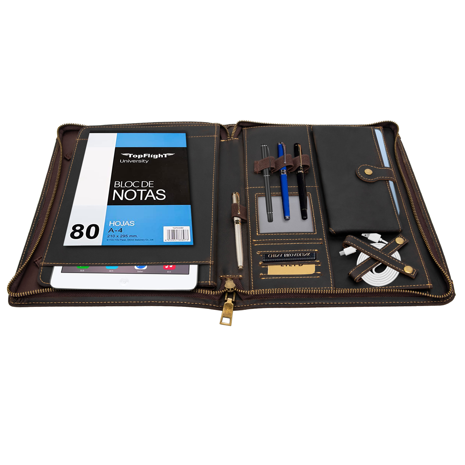 Leather Padfolio Folder Business Resume Portfolio Organizer Case with tablet Platform Professional Leather Folio with Zipper