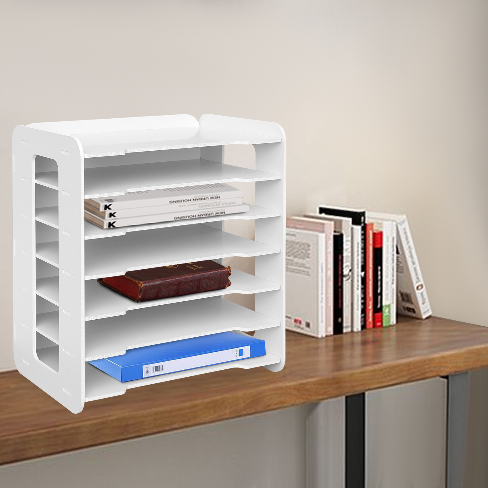 7 Tier White Wooden Office Desk Desktop Organizers and Accessories Letter Tray Paper Sorter Holder File Document Rack