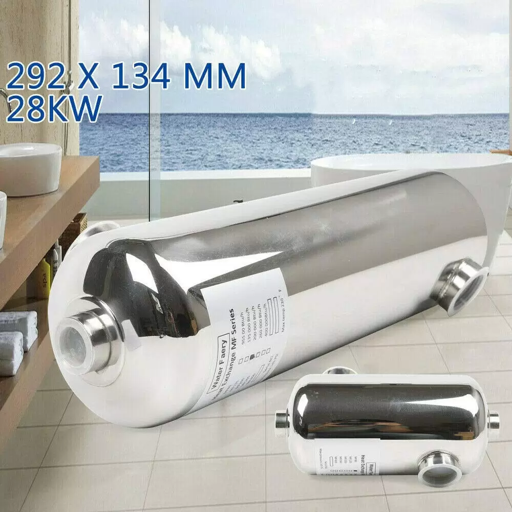28 kW stainless steel heat exchanger for swimming pool, sauna, etc. 29.2 x 13.4 cm 28 kW stainless steel heat exchanger for swimming pool, sauna, etc. 29.2 x 13.4 cm