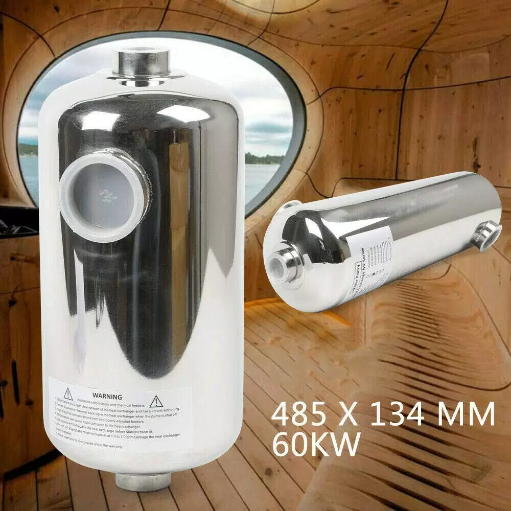 Stainless steel heat exchanger for swimming pool heating system, 485 x 134 mm, 60 kW