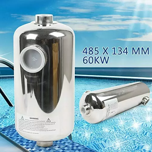 Stainless steel heat exchanger for swimming pool heating system, 485 x 134 mm, 60 kW Stainless steel heat exchanger for swimming pool heating system, 485 x 134 mm, 60 kW