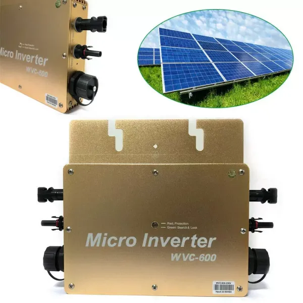 WVC-600W MPPT Micro Inverter, IP65 Waterproof Solar Inverter, with PV Grid Connection Digital Inverter, 22-50VDC (Gold)