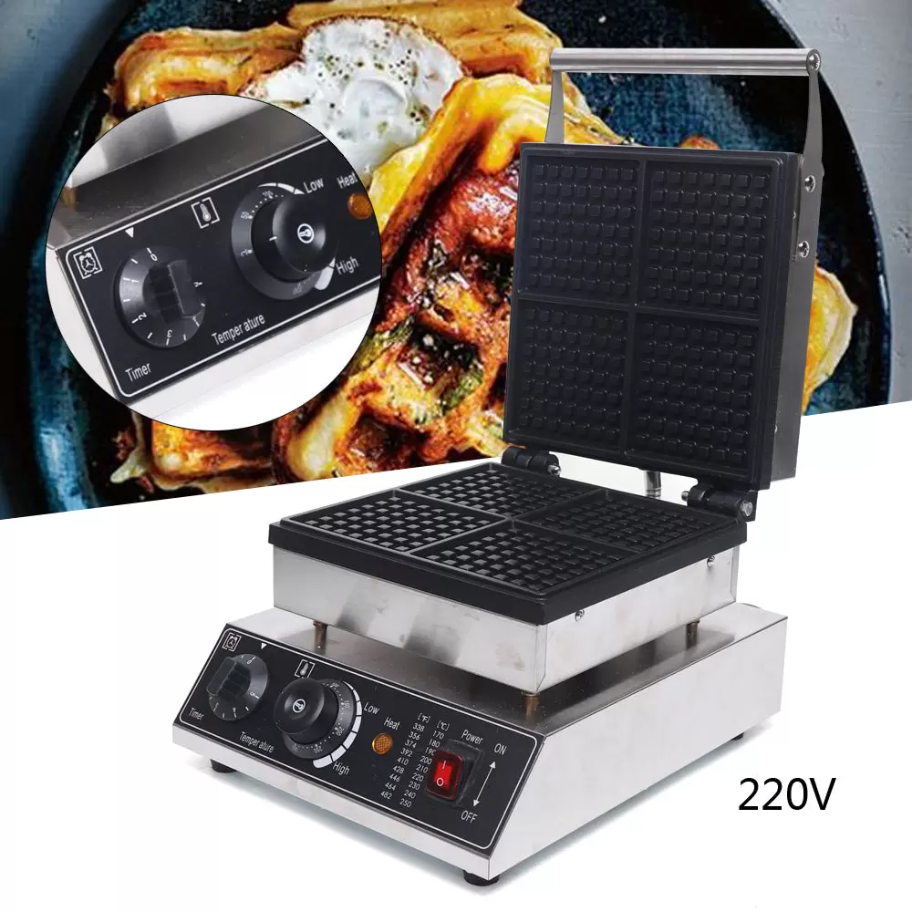 1750 W waffle maker for 4 Belgian waffles, non-stick coating, square waffle maker, with timer and thermostat