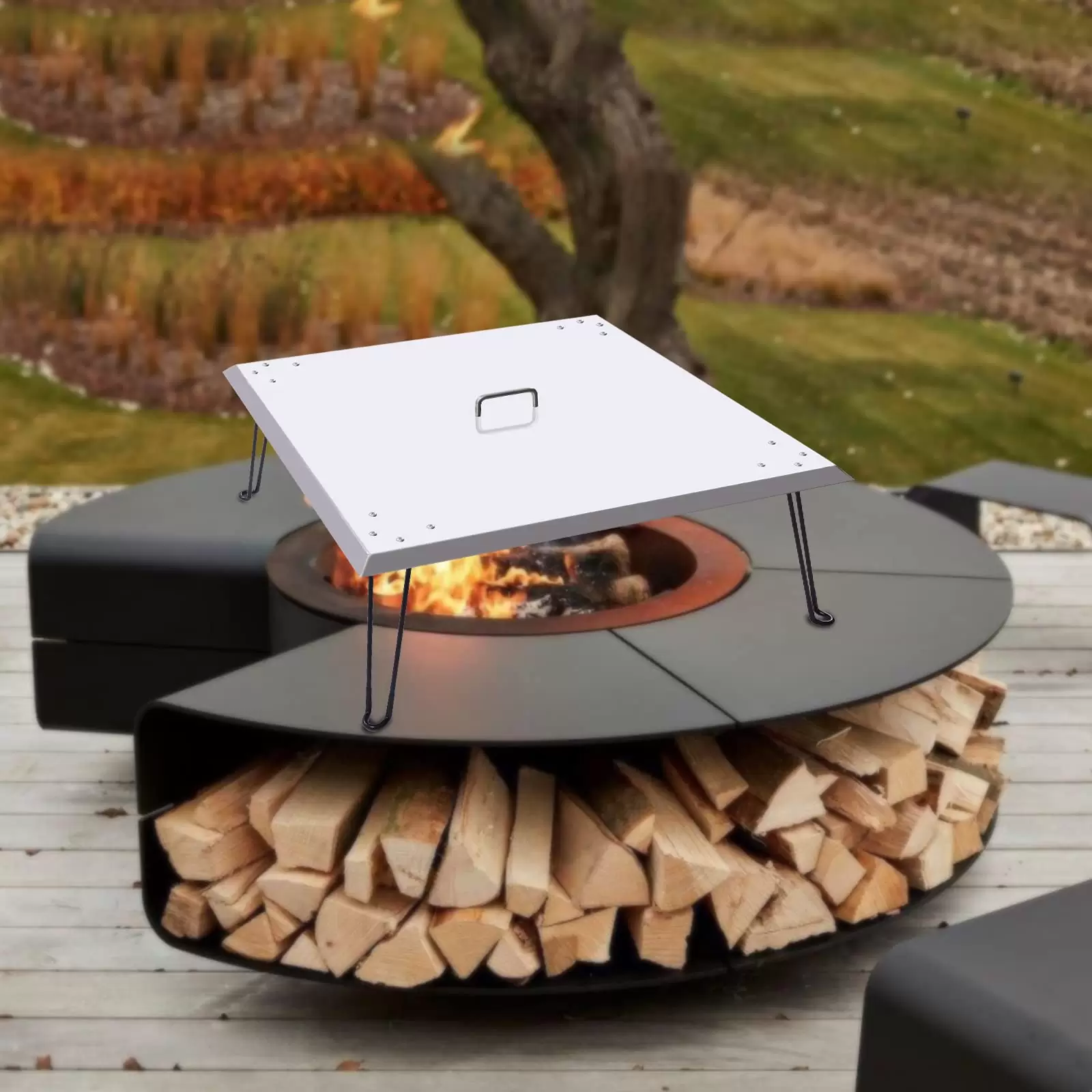 Fire Pit Cover 30" x 30" x 13" Stainless Steel 1.5mm Thick Lid with Foldable Legs and Carry Handle Fire Pit Cover 30" x 30" x 13" Stainless Steel 1.5mm Thick Lid with Foldable Legs and Carry Handle