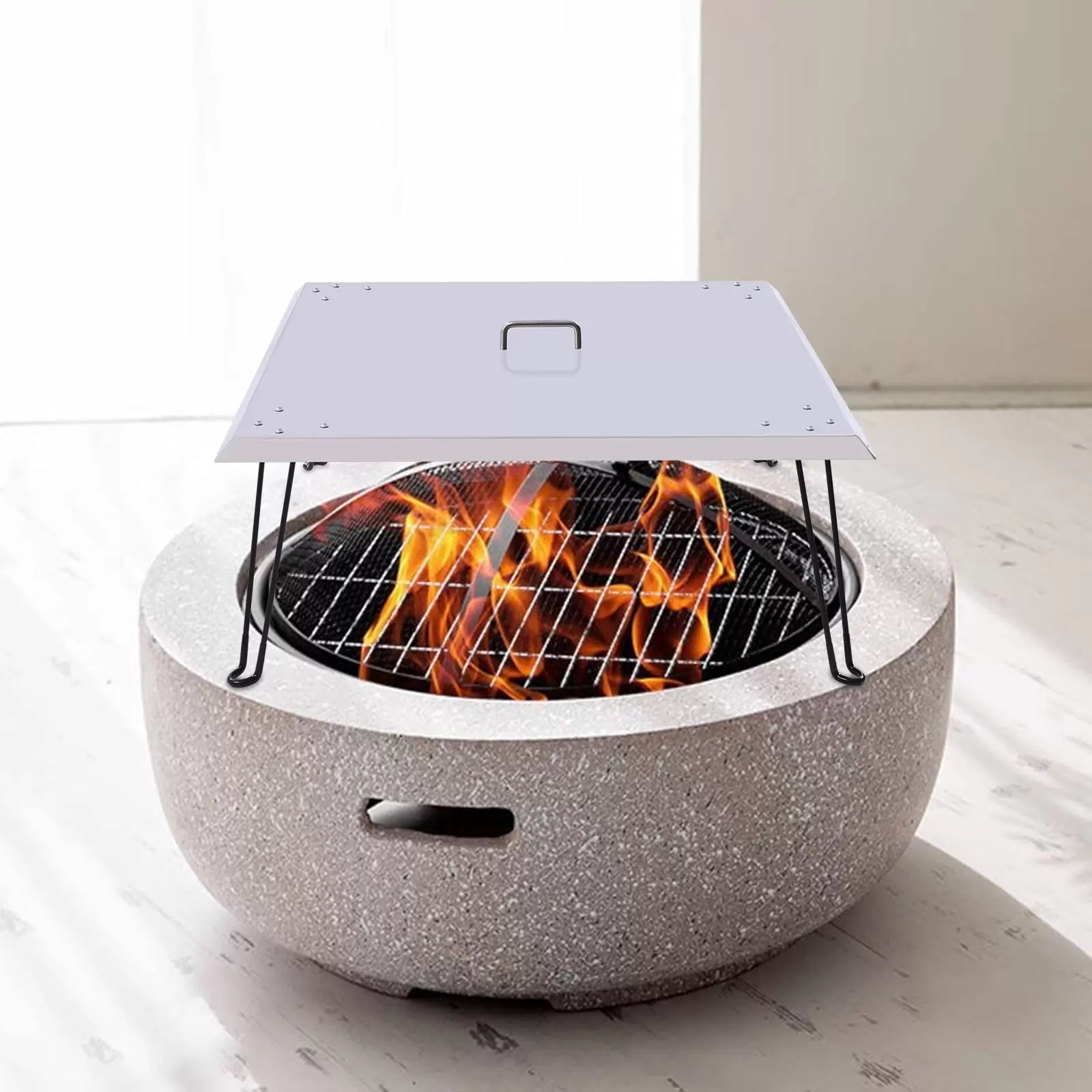 Fire Pit Cover 30" x 30" x 13" Stainless Steel 1.5mm Thick Lid with Foldable Legs and Carry Handle