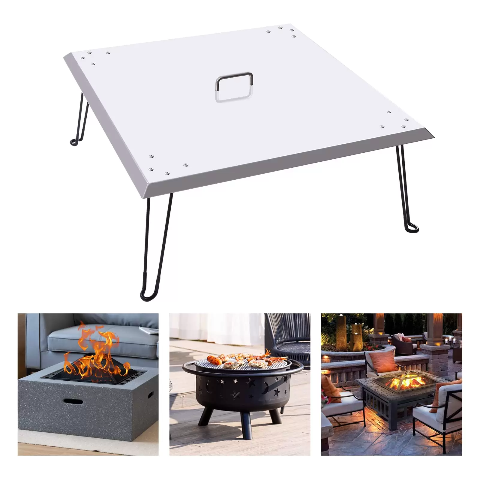Fire Pit Cover 30" x 30" x 13" Stainless Steel 1.5mm Thick Lid with Foldable Legs and Carry Handle Fire Pit Cover 30" x 30" x 13" Stainless Steel 1.5mm Thick Lid with Foldable Legs and Carry Handle
