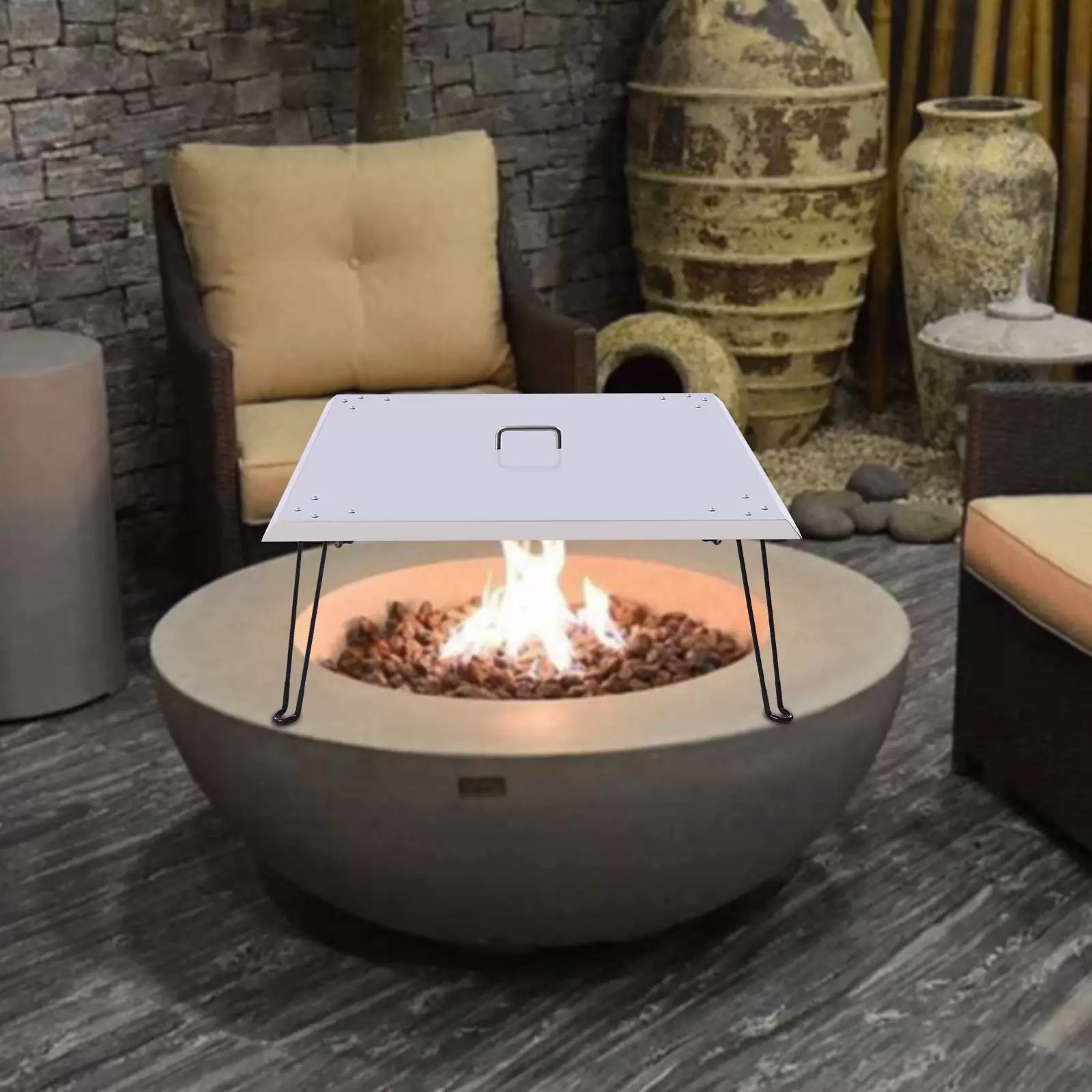 Fire Pit Cover 30" x 30" x 13" Stainless Steel 1.5mm Thick Lid with Foldable Legs and Carry Handle