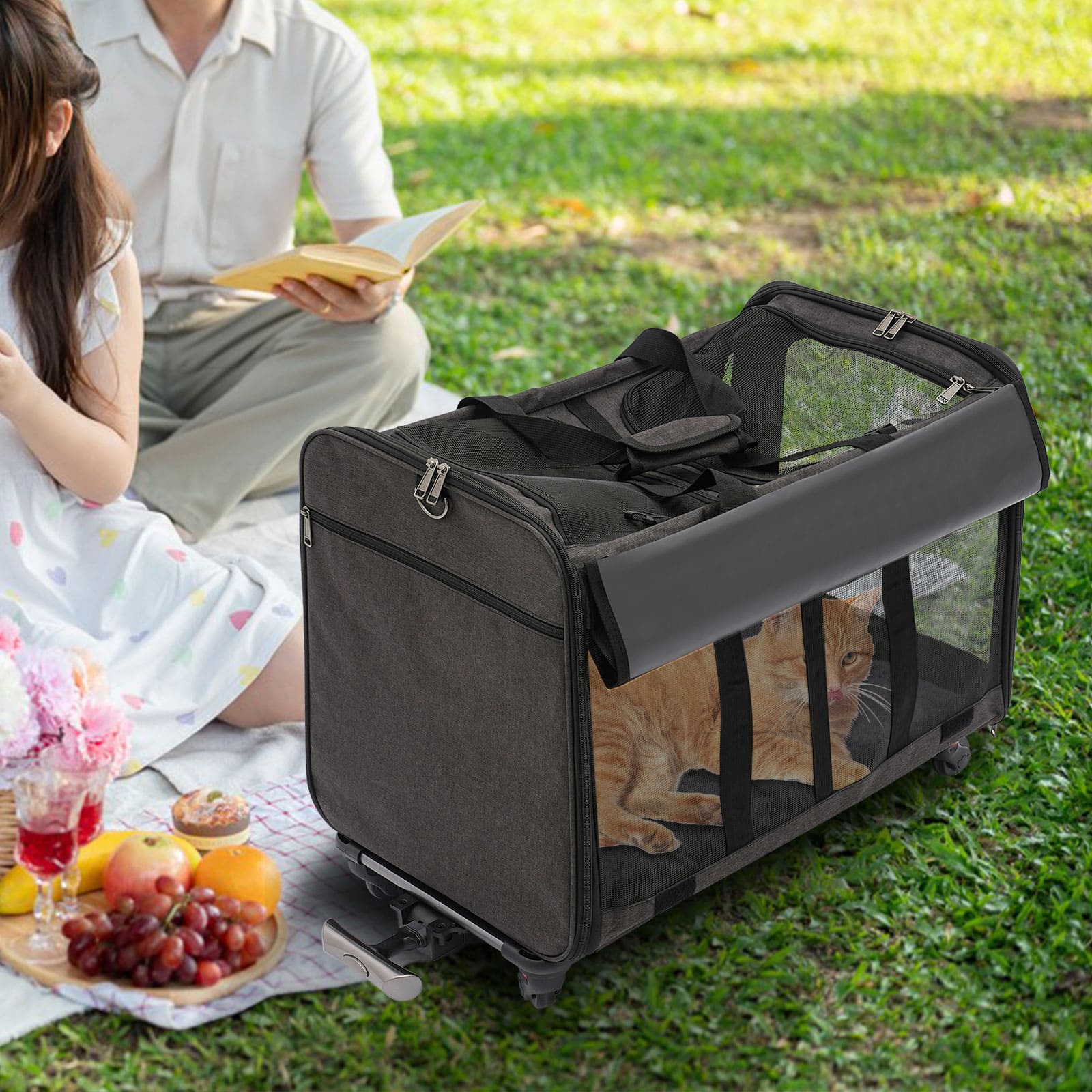 Pet carrier with wheels, wheeled pet luggage, to take your cats or dogs for outdoor play, camping, hiking, travelling (black)