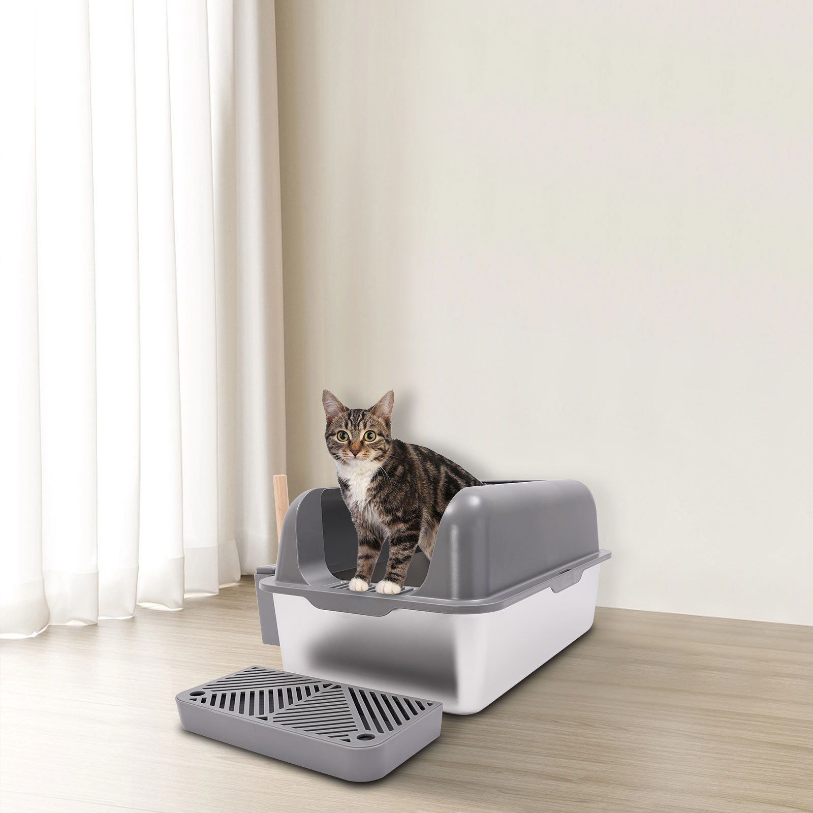 CNCEST Stainless Steel Cat Litter Box Litter Box with Guardrial Scoop Large Litter Box