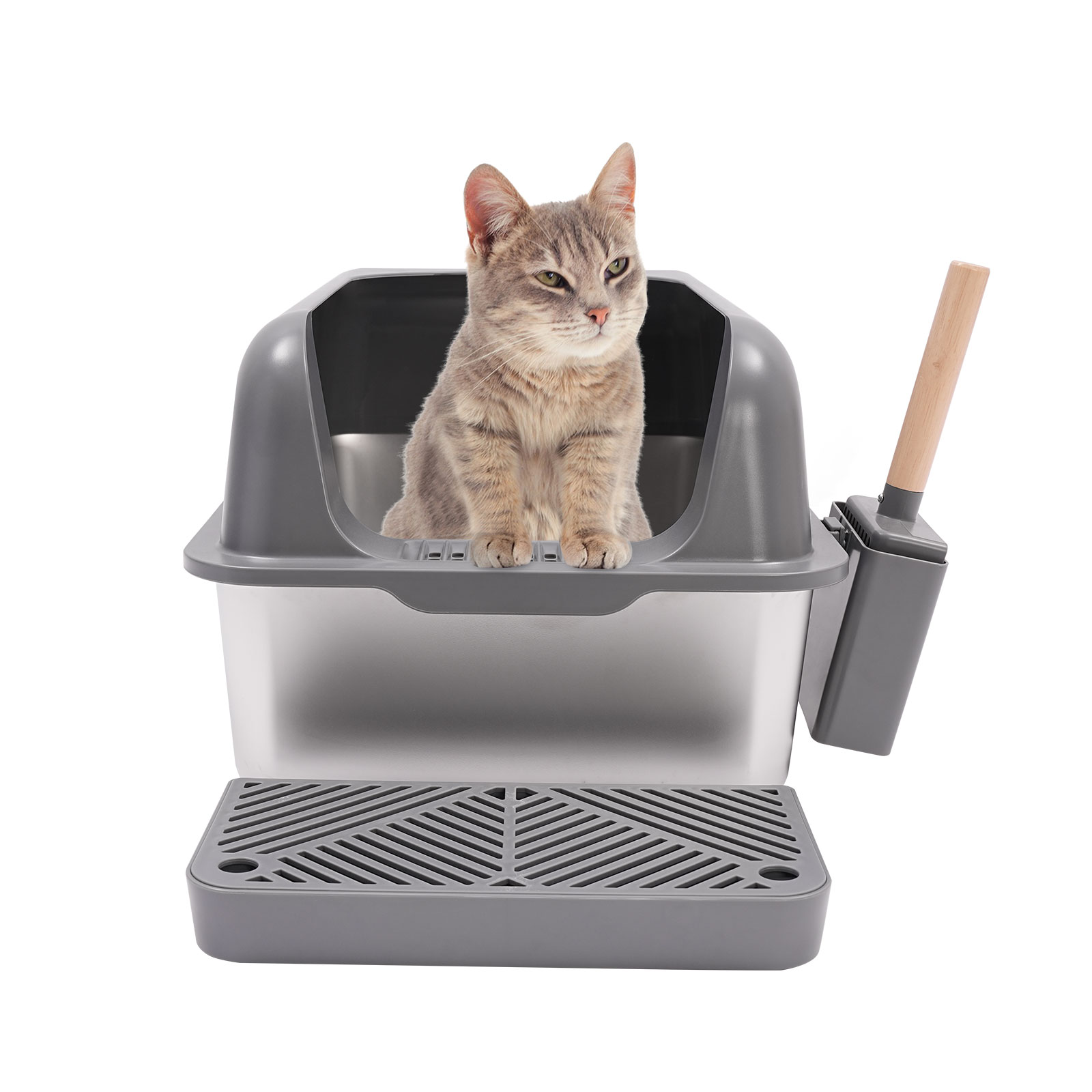 CNCEST Stainless Steel Cat Litter Box Litter Box with Guardrial Scoop Large Litter Box CNCEST Stainless Steel Cat Litter Box Litter Box with Guardrial Scoop Large Litter Box