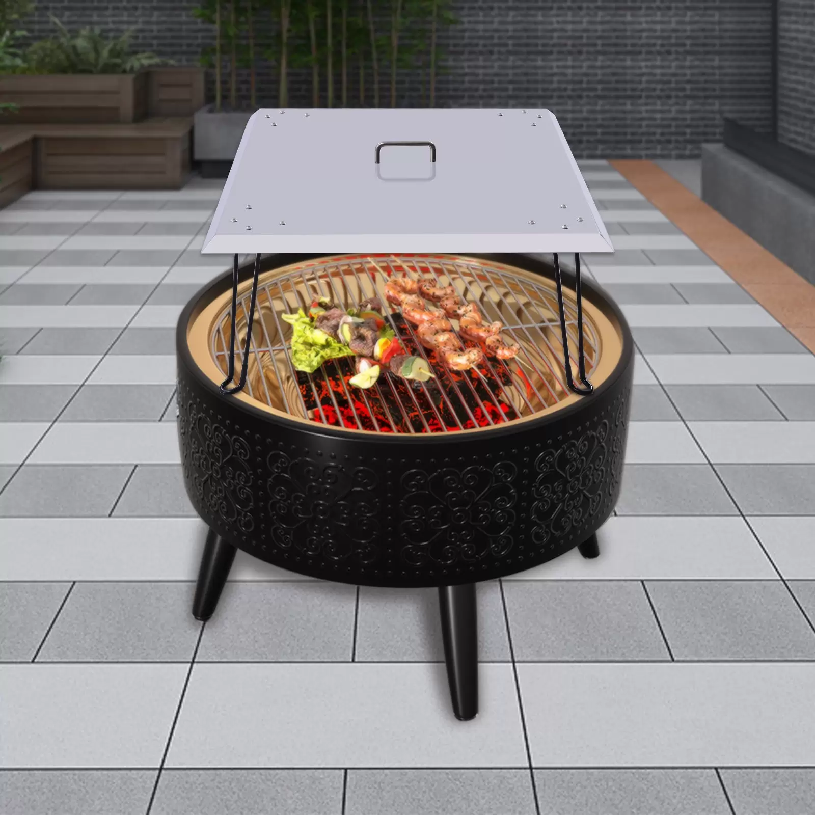 Outdoors Fire Pit Heat Deflector Pushes Heat Down and Out Stainless-Steel with Carrying Handle Exterior Fire Pit Heat Shield with 4 Foldable Legs for Gazebo or Patio Pit