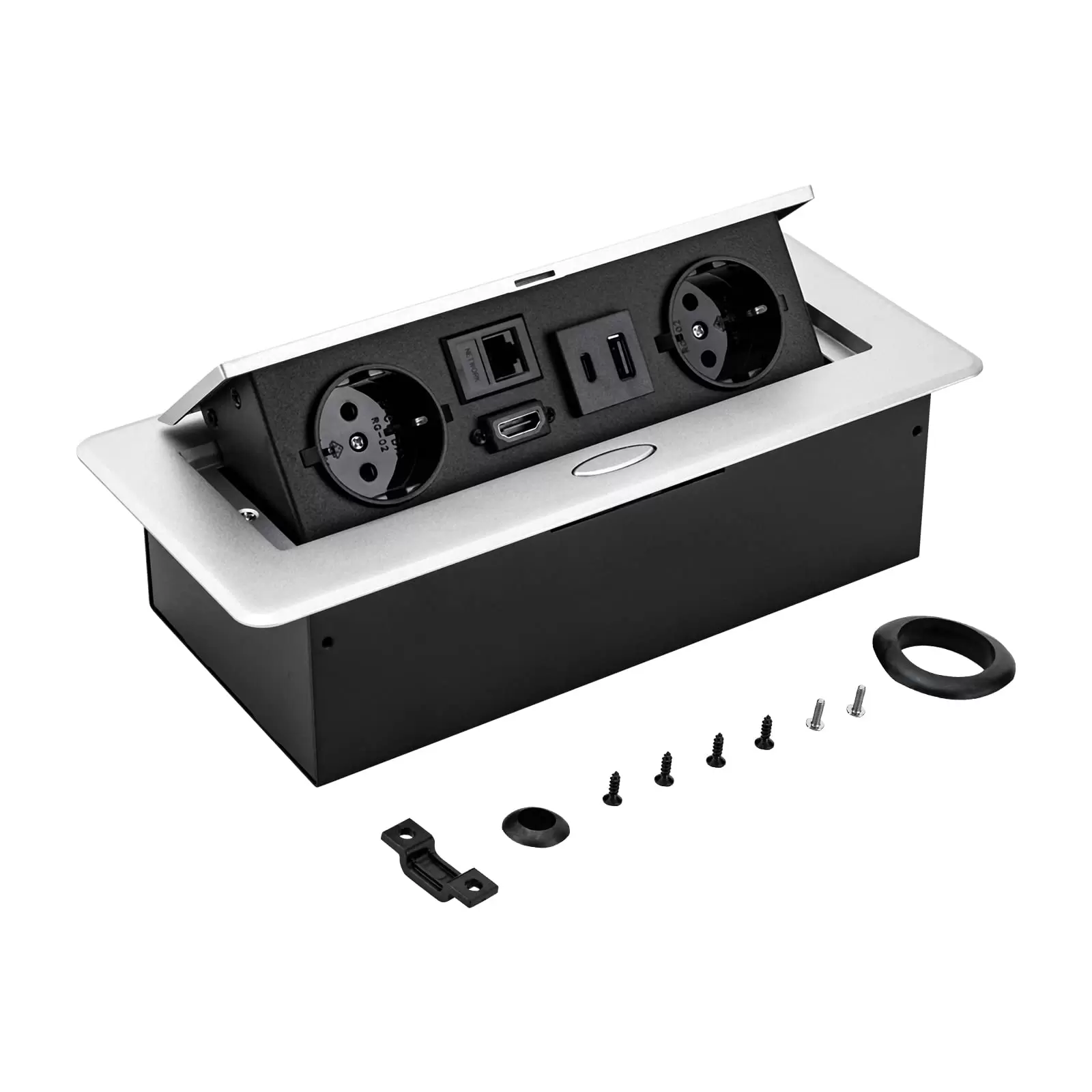 Hidden table socket with 2 EU sockets 16A, LAN, HDMI and 5V 2A USB Typec