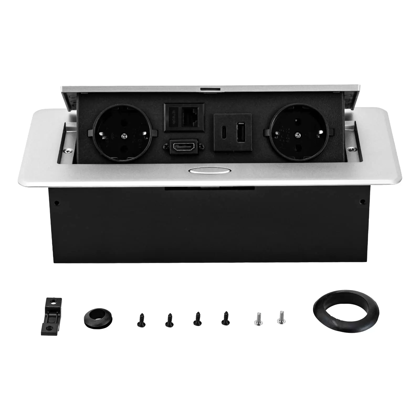 Hidden table socket with 2 EU sockets 16A, LAN, HDMI and 5V 2A USB Typec Hidden table socket with 2 EU sockets 16A, LAN, HDMI and 5V 2A USB Typec
