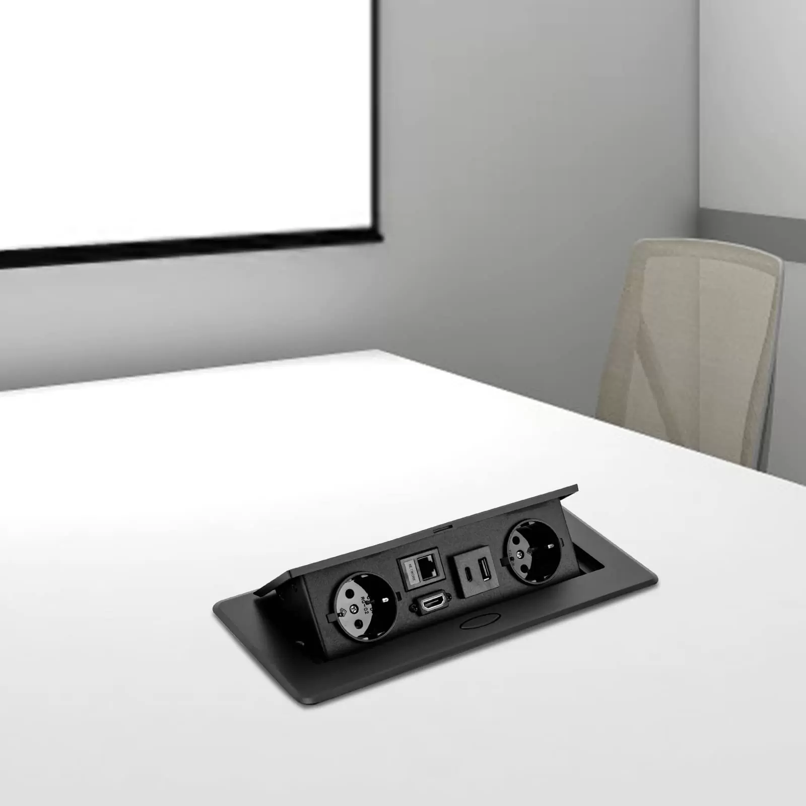 Retractable table socket with 2 EU chargers LAN HDMI and 5V 2A USB Typec Black Retractable table socket with 2 EU chargers LAN HDMI and 5V 2A USB Typec Black