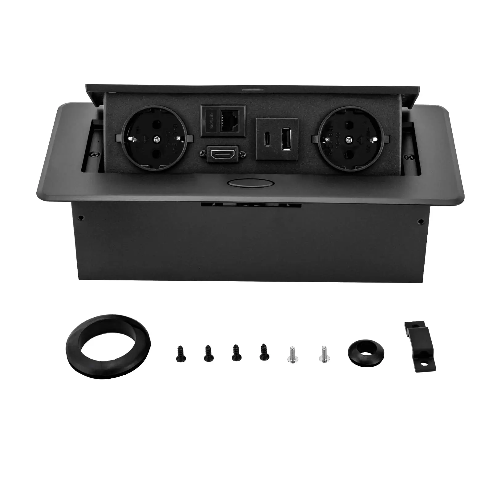 Retractable table socket with 2 EU chargers LAN HDMI and 5V 2A USB Typec Black Retractable table socket with 2 EU chargers LAN HDMI and 5V 2A USB Typec Black