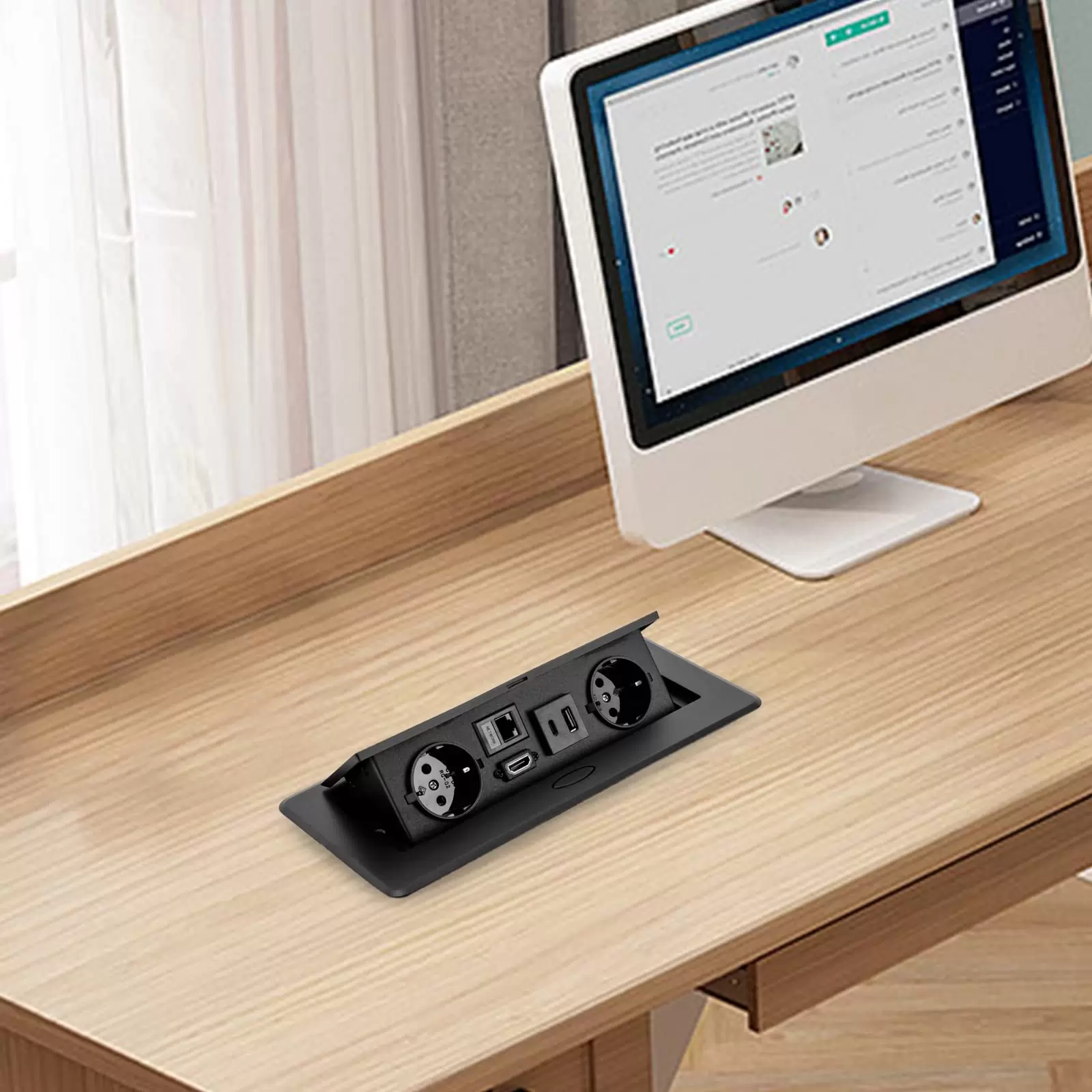Retractable table socket with 2 EU chargers LAN HDMI and 5V 2A USB Typec Black Retractable table socket with 2 EU chargers LAN HDMI and 5V 2A USB Typec Black