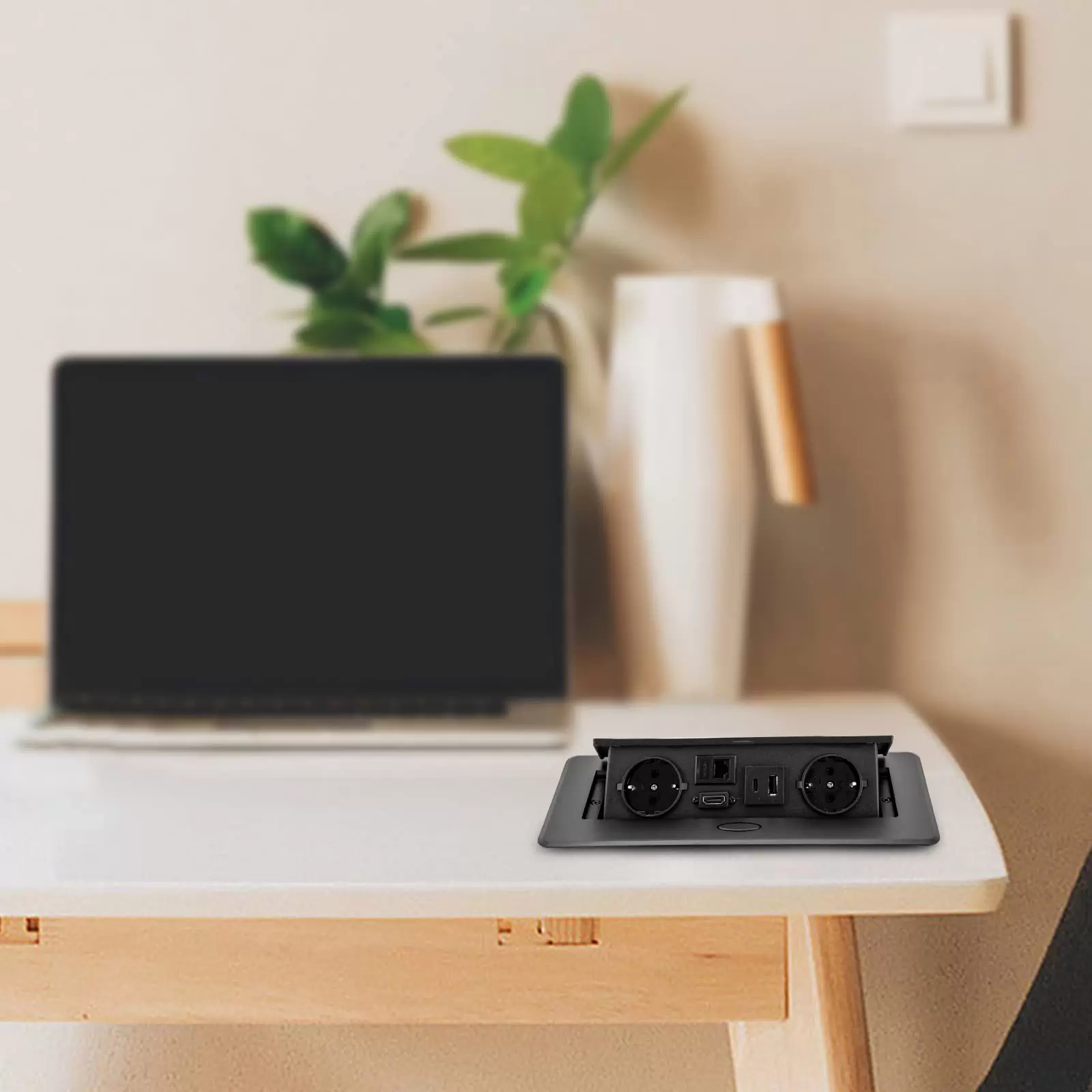 Retractable table socket with 2 EU chargers LAN HDMI and 5V 2A USB Typec Black Retractable table socket with 2 EU chargers LAN HDMI and 5V 2A USB Typec Black