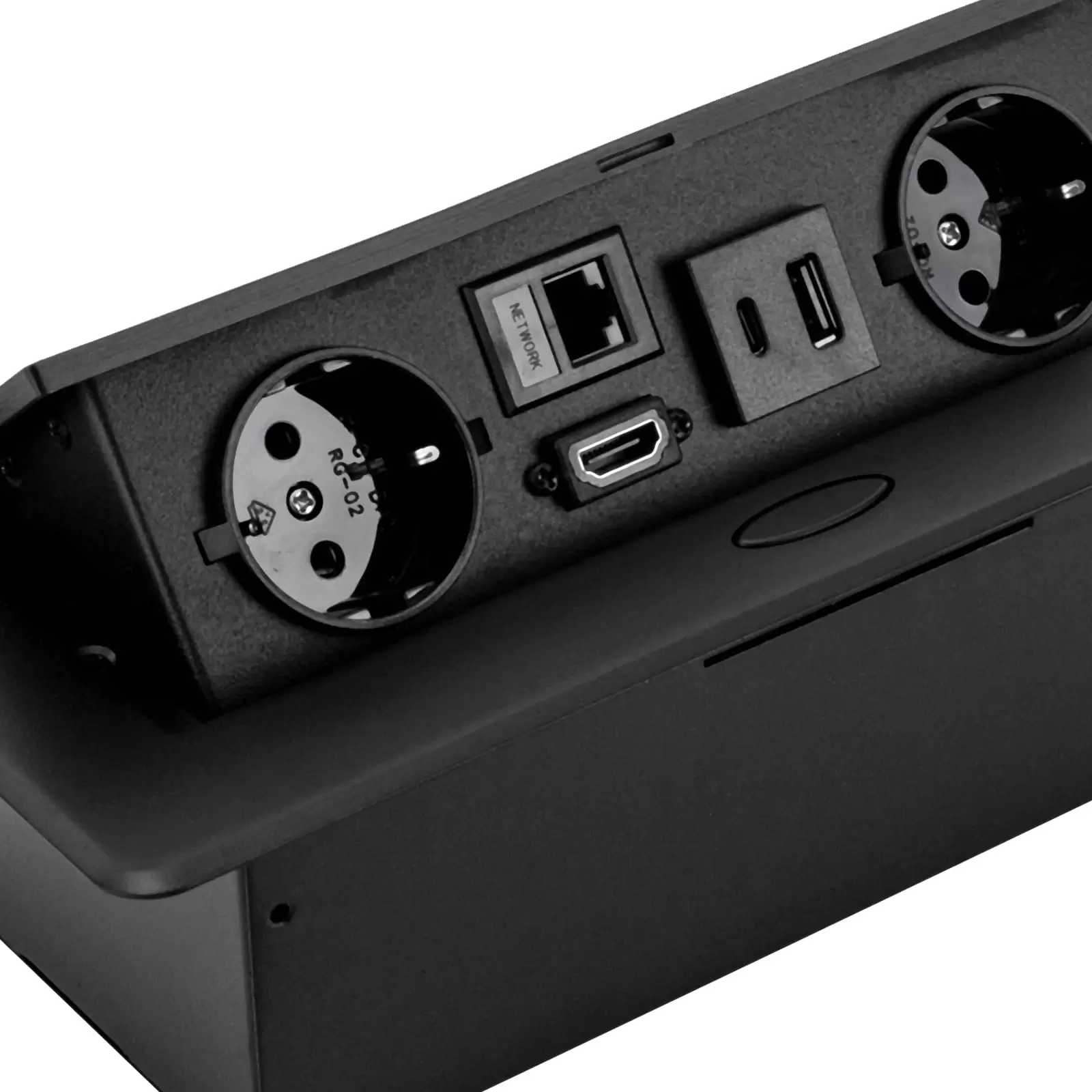 Retractable table socket with 2 EU chargers LAN HDMI and 5V 2A USB Typec Black Retractable table socket with 2 EU chargers LAN HDMI and 5V 2A USB Typec Black