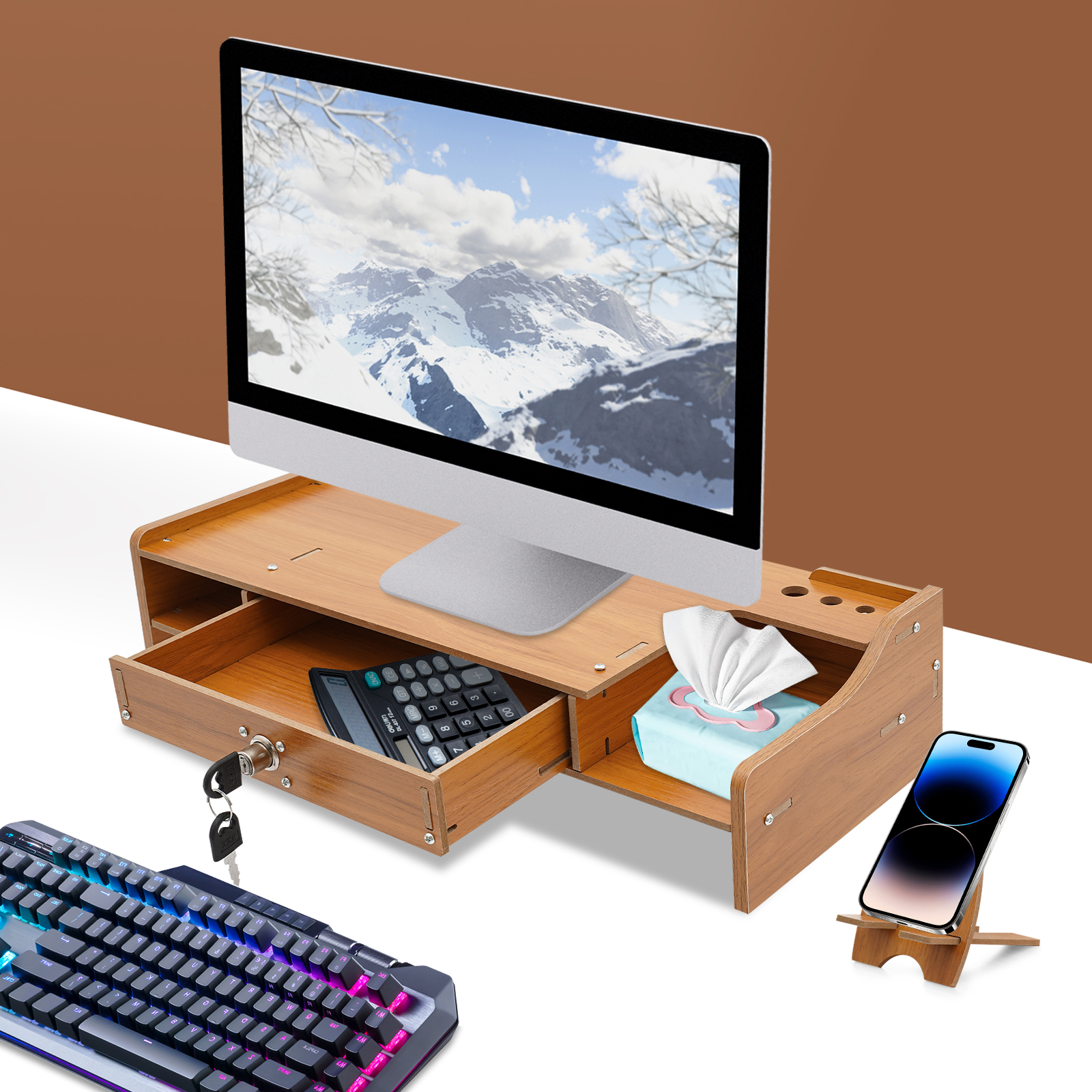 Computer Monitor Stand, Computer Rack with Lockable Drawer, Monitor Stand - sZ08 Side Thickened Cherry Wood Computer Monitor Stand, Computer Rack with Lockable Drawer, Monitor Stand - sZ08 Side Thickened Cherry Wood
