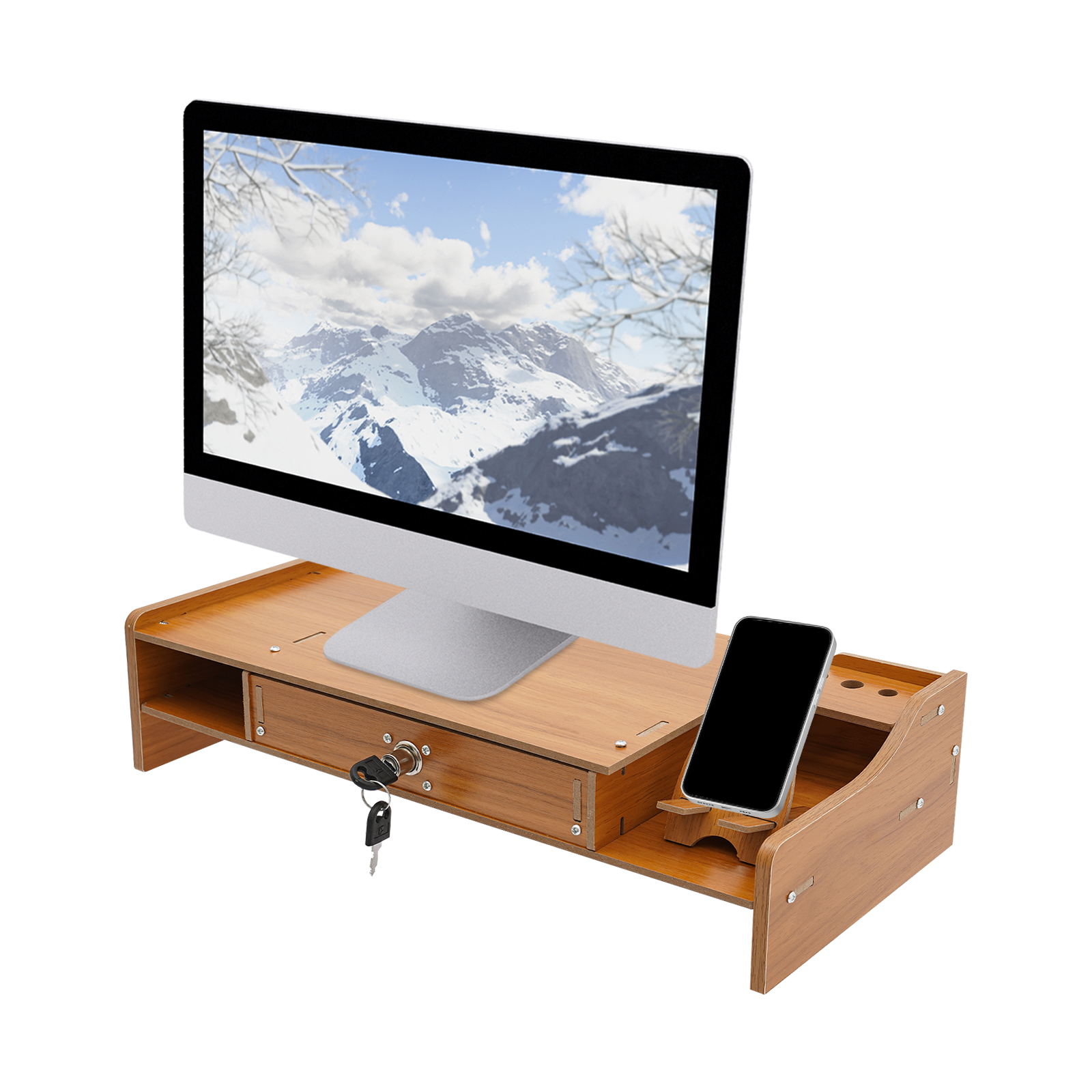 Computer Monitor Stand, Computer Rack with Lockable Drawer, Monitor Stand - sZ08 Side Thickened Cherry Wood