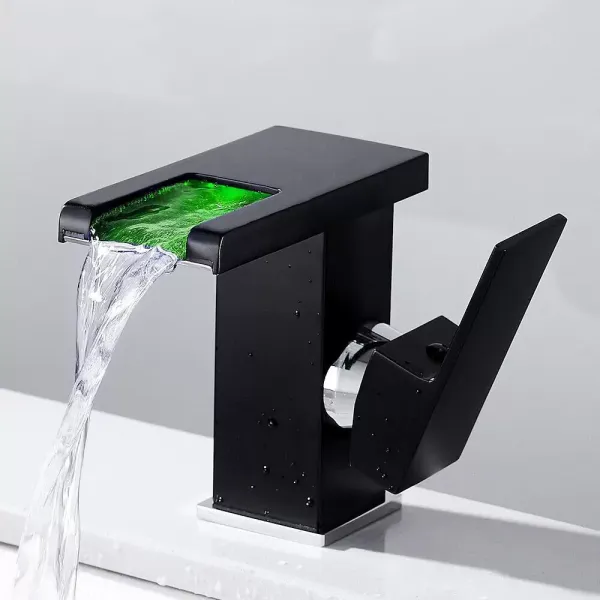 Bathroom Waterfall Faucet With Color Changing Led Lighting Modern Style Black Led Lights Works With Water Build To Last Easy To Install