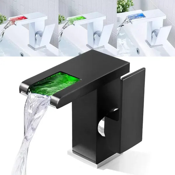 Bathroom Waterfall Faucet With Color Changing Led Lighting Modern Style Black Led Lights Works With Water Build To Last Easy To Install