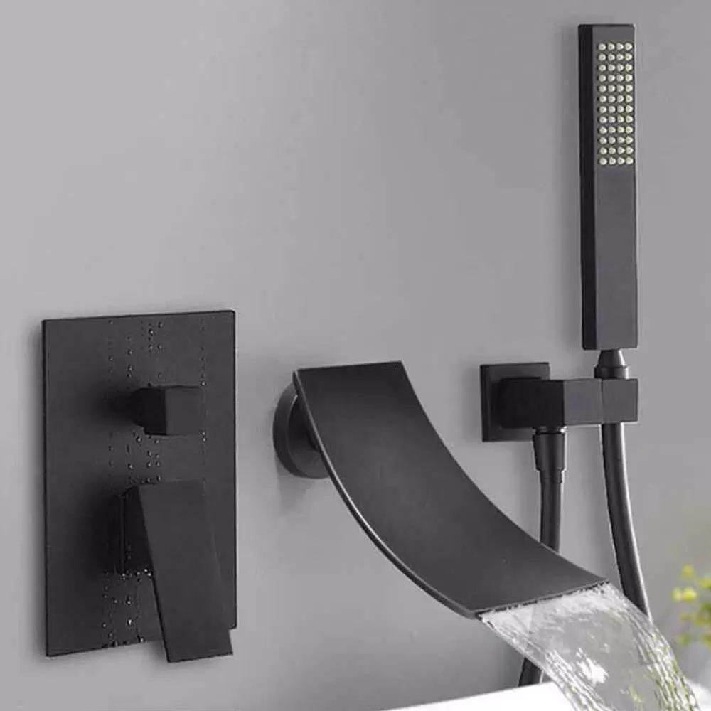 3 Hole Waterfall Bathtub Faucet, Wall Mounted, Hand Shower, Black