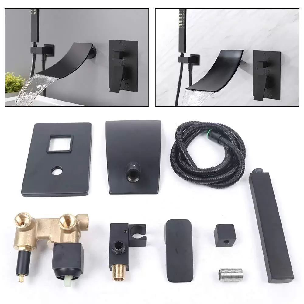 3 Hole Waterfall Bathtub Faucet, Wall Mounted, Hand Shower, Black