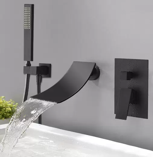 3 Hole Waterfall Bathtub Faucet, Wall Mounted, Hand Shower, Black