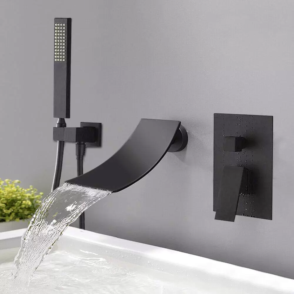 3 Hole Waterfall Bathtub Faucet, Wall Mounted, Hand Shower, Black