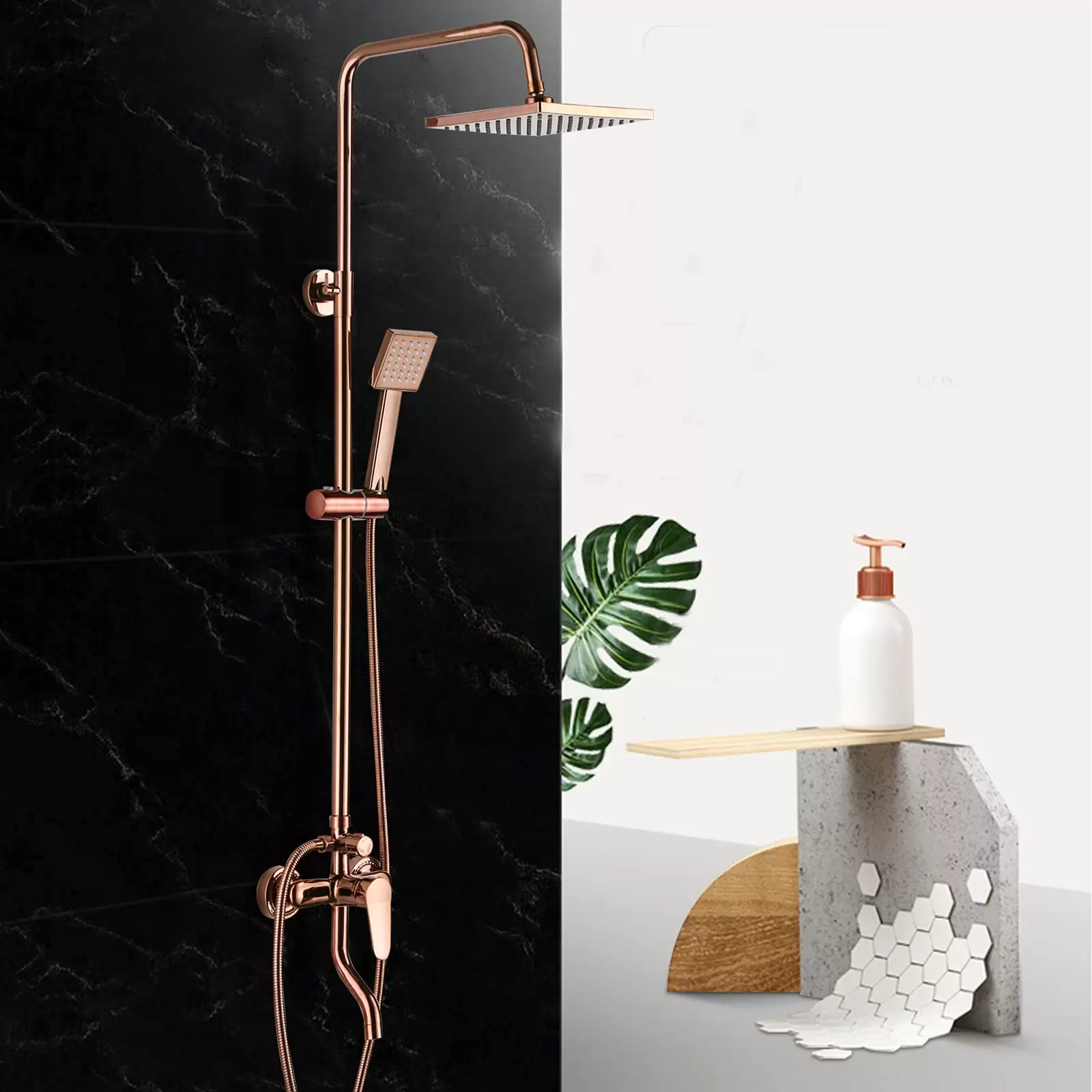 8 Inch Wall Mounted Rain Shower System, Bathroom Shower Faucet Shower Set, Shower Head and Overhead Hand Shower, Adjustable Bar 730mm - 1200mm