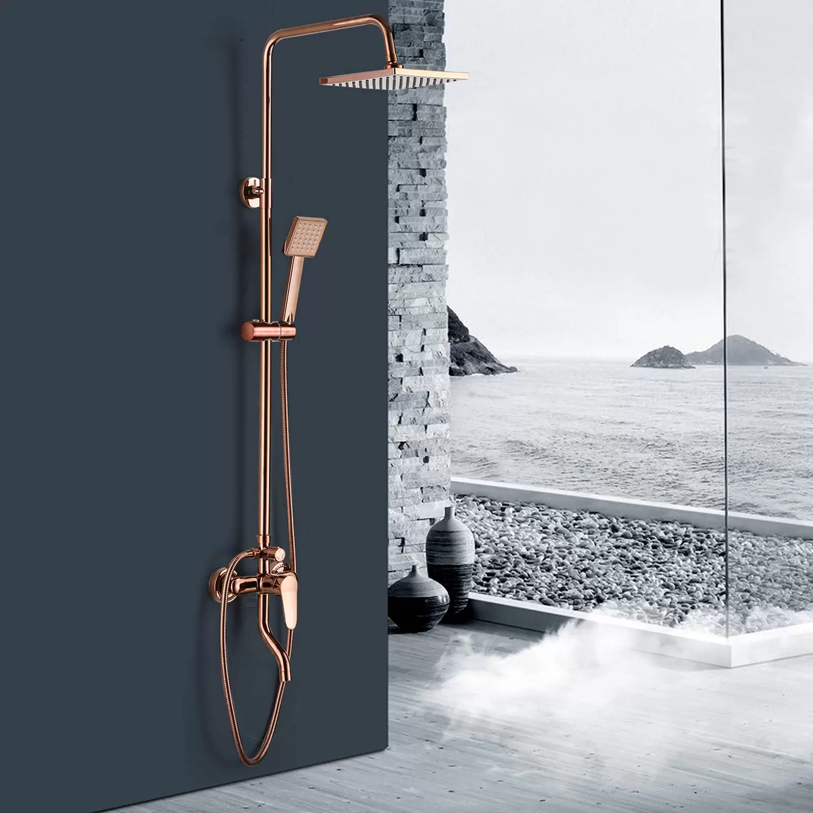 8 Inch Wall Mounted Rain Shower System, Bathroom Shower Faucet Shower Set, Shower Head and Overhead Hand Shower, Adjustable Bar 730mm - 1200mm