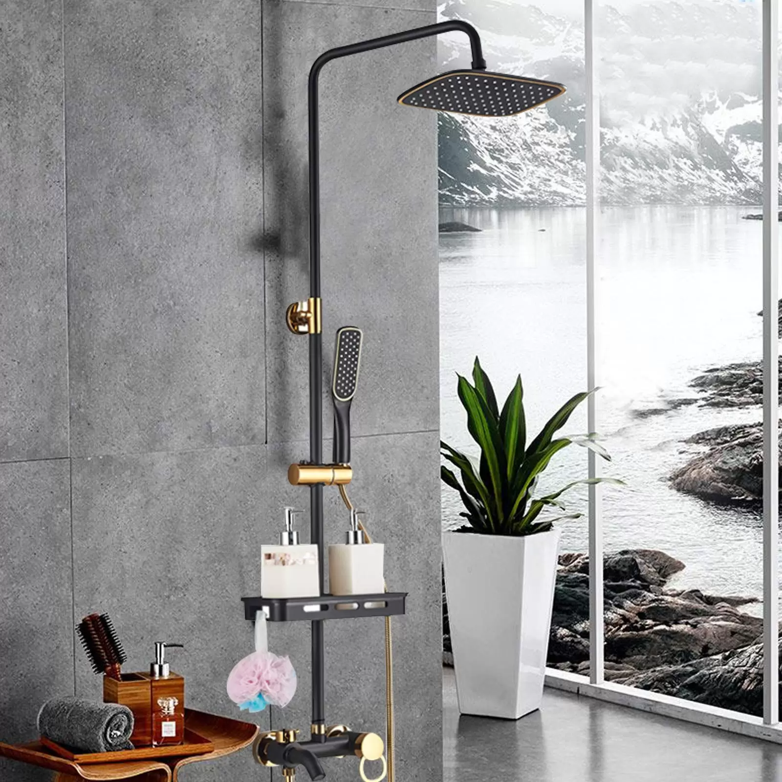 Shower Set - Square Shower Faucet - Rain Shower with Shelf - Wall Mounted Shower Set - Square Shower Faucet - Rain Shower with Shelf - Wall Mounted