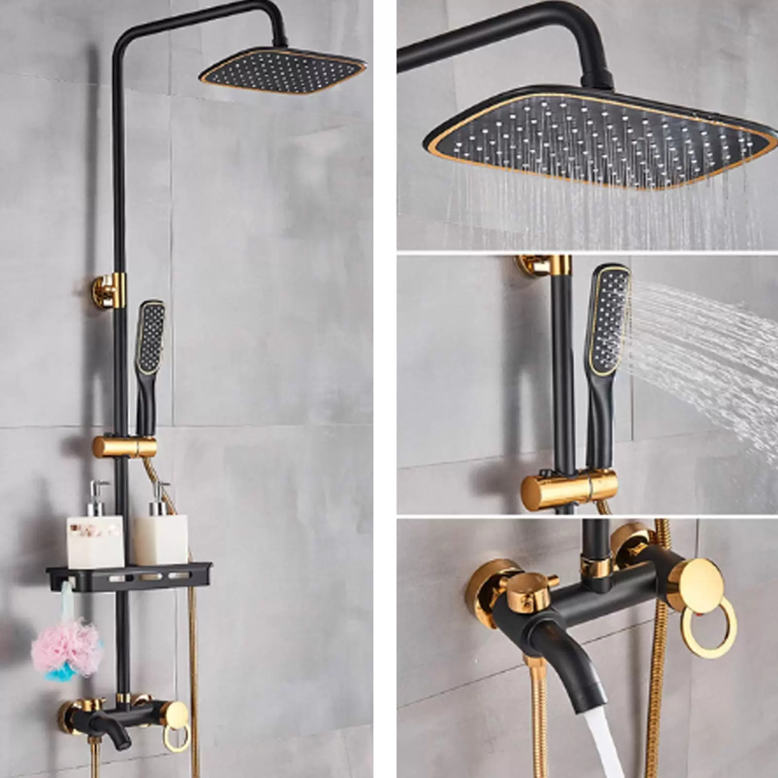 Shower Set - Square Shower Faucet - Rain Shower with Shelf - Wall Mounted Shower Set - Square Shower Faucet - Rain Shower with Shelf - Wall Mounted