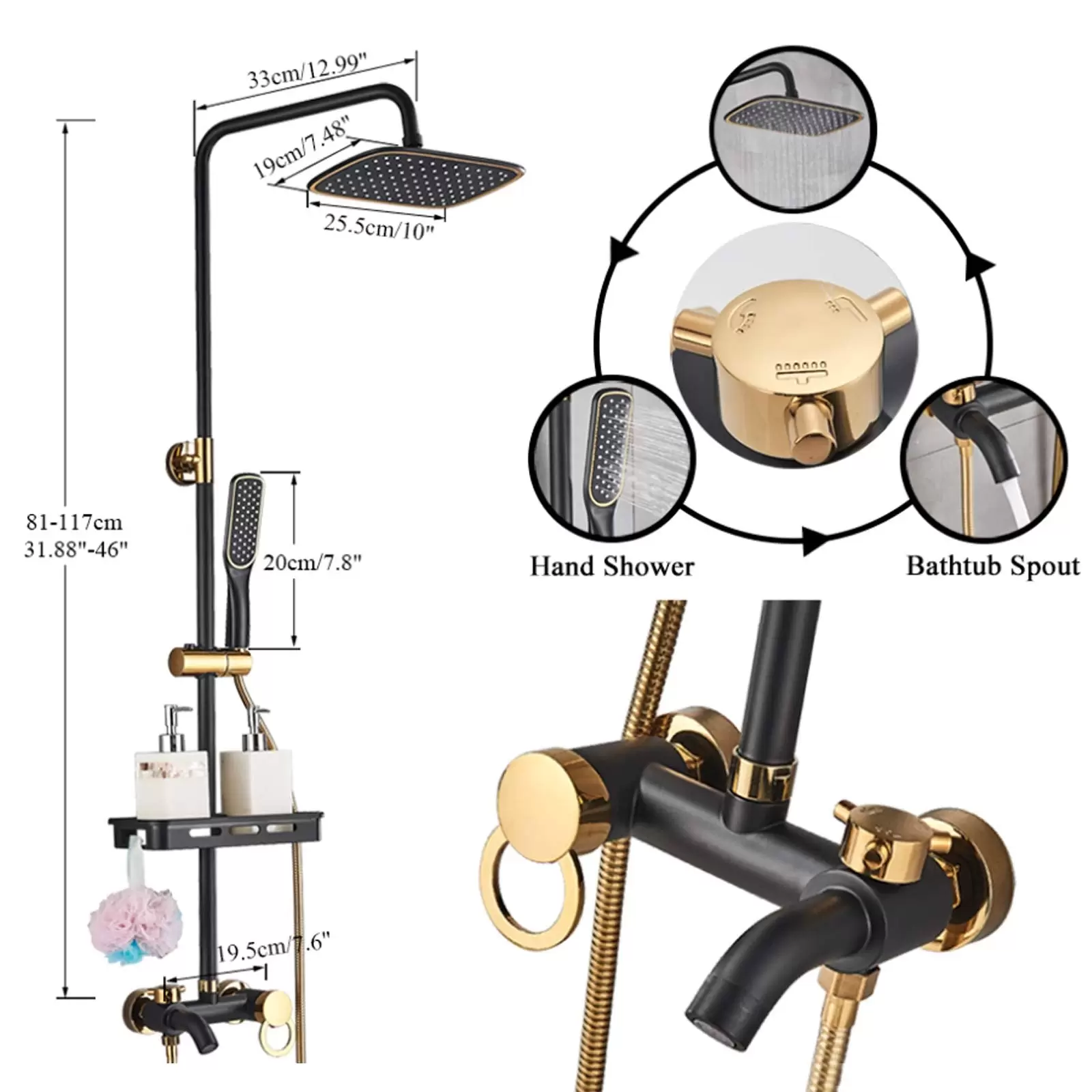 Shower Set - Square Shower Faucet - Rain Shower with Shelf - Wall Mounted Shower Set - Square Shower Faucet - Rain Shower with Shelf - Wall Mounted