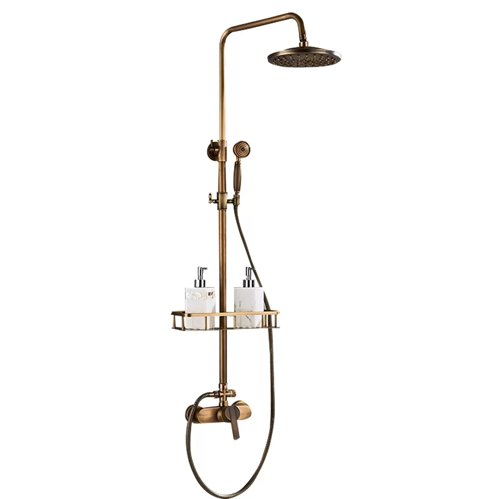 Antique Brass Shower Set with 75-120cm Adjustable Shower Head with Shelf Stainless Steel Material Composed of Copper Shell ABS Hand Shower