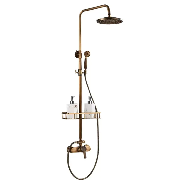 Antique Brass Shower Set with 75-120cm Adjustable Shower Head with Shelf Stainless Steel Material Composed of Copper Shell ABS Hand Shower